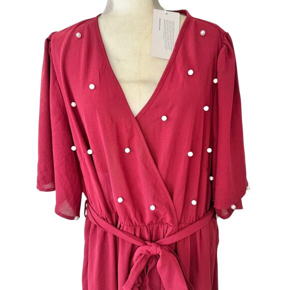 Bloomchic Red Faux Wrap Pearl Stud Short Bell Sleeve Tie Waist Dress Size 22-24 - Picture 7 of 11